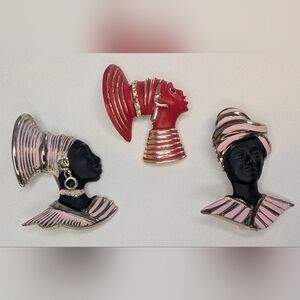 Vtg Afrocentric Lady Brooch Pins Set of 3 Enamel African Woman Jewelry Black Red